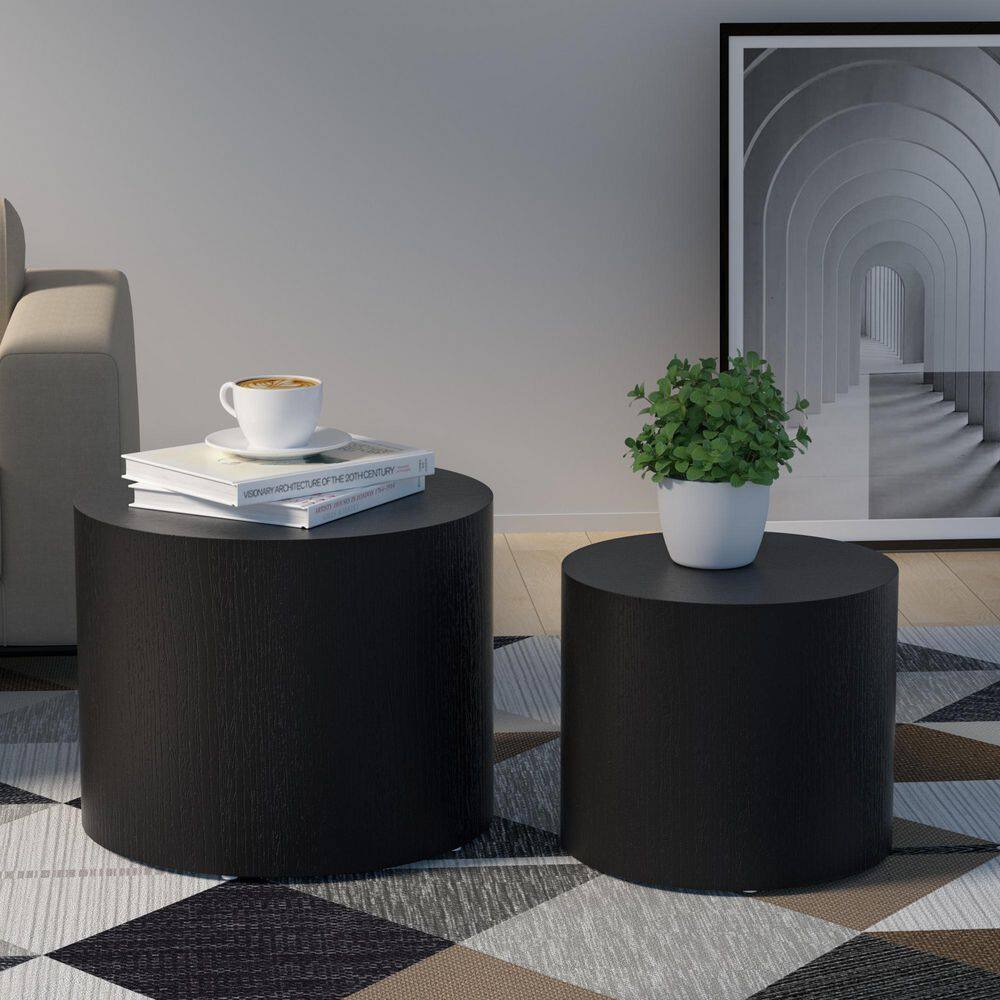 Matte Black Round Wood Nesting Coffee Table Set, 2 Pieces