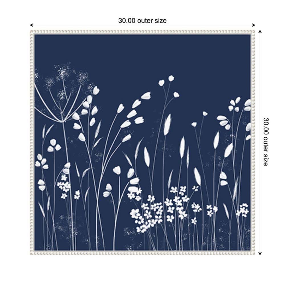 Indigo Flowers II White Floater Frame Canvas Wall Art