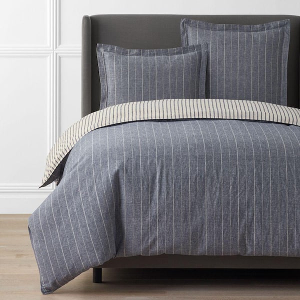 Legends Hotel Washed Linen Cotton Yarn-Dyed Wide Stripe Deep Navy Queen Duvet Cover
