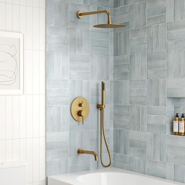 Single Handle 3-Spray 10 in. Wall Mount Tub and Shower Faucet in Brushed Gold (Valve Included)
