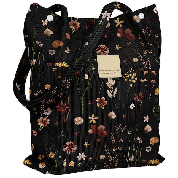 Black Grow Flower Reusable Grocery Bag, Corduroy Tote Bag for Women, Reusable Totes with Magnetic Buckle