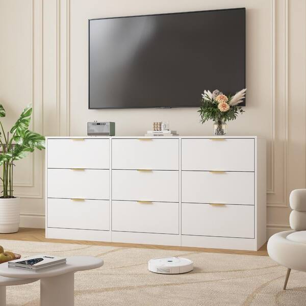 white and gold dresser 9 drawer UOI 63 in. Wide Chest of Drawers with Handles, Wooden for Bedroom, Living Room LJW106104 Furniture dressers