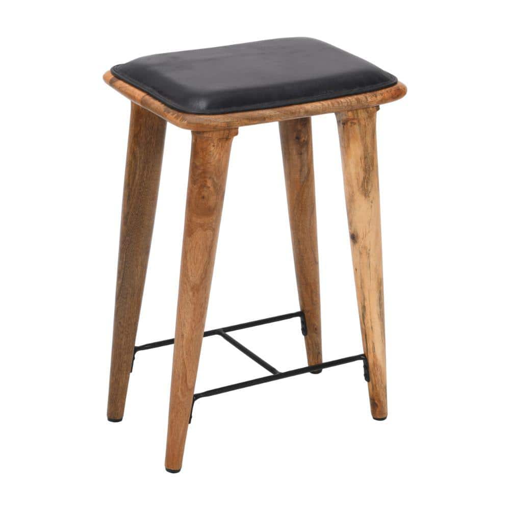 THE URBAN PORT 25 in. Black and Brown Mango Wood Frame Counter Height Bar Stool with Genuine