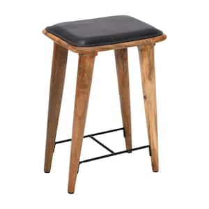 25 in. Black and Brown Mango Wood Frame Counter Height Bar Stool with Genuine Leather Seat