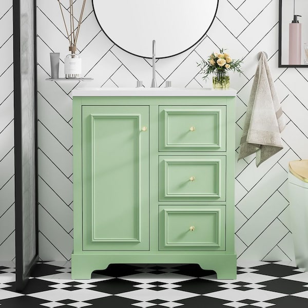 FAMYYT 30 in. Single Sink Freestanding Green Solid Wood Frame Bath Vanity with White Ceramic Top and Adjustable Shelves