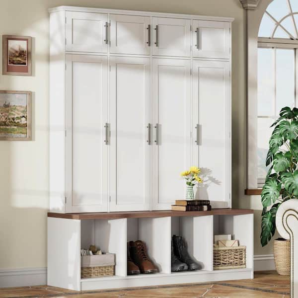 Nestfair White 8-door Hall Tree with Walnut Seating Bench, Shoe
