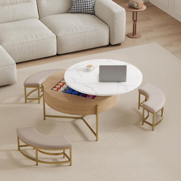 31.5 in. Natural and White Round MDF Top Lift-Top Coffee Table with Storage and 3 Ottoman