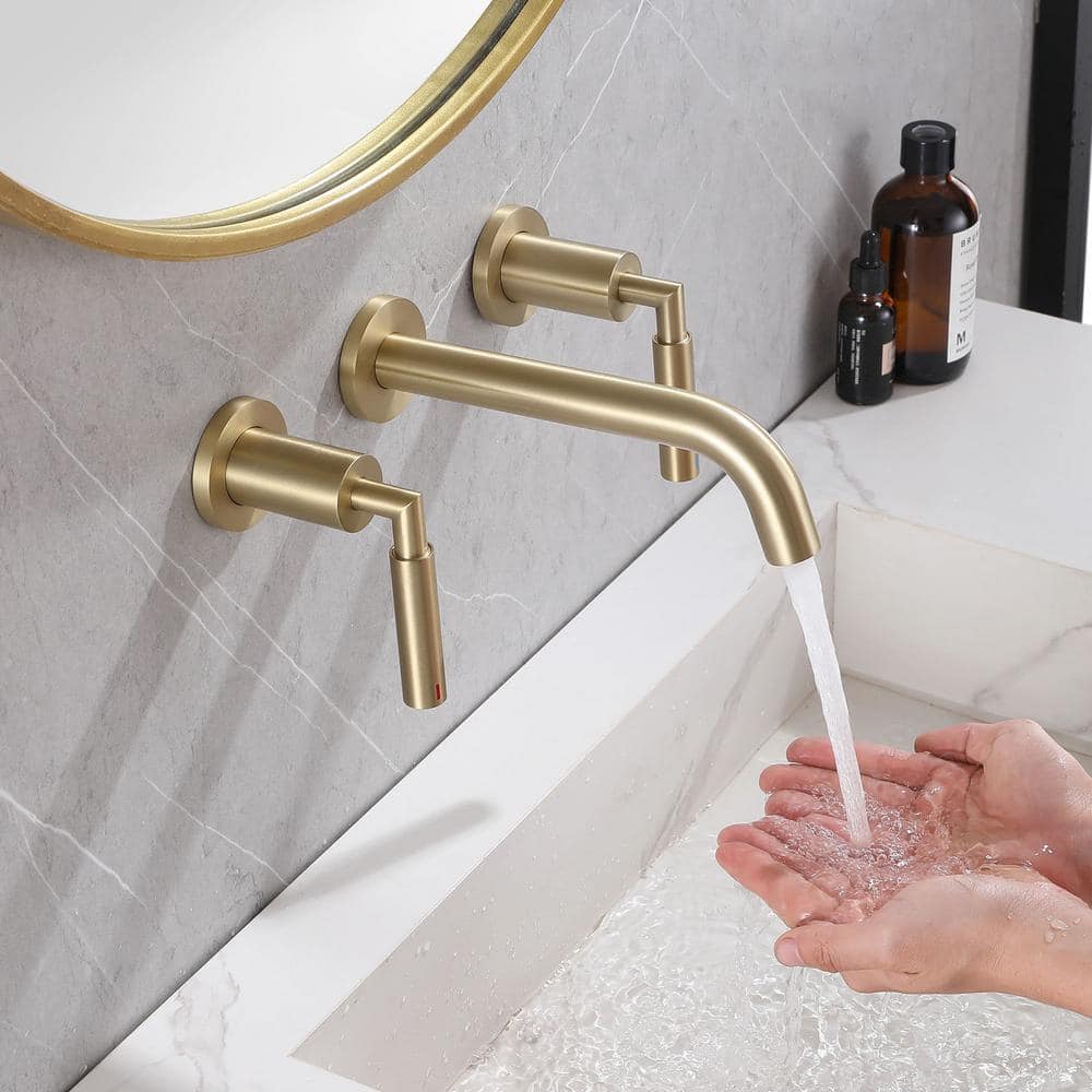 Brushed Gold Wall-Mounted Dual Handle Bathroom Faucet
