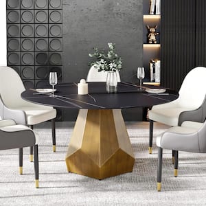 59 in. Black Circular Sintered Stone Tabletop Bronze Pedestal Base Kitchen Dining Table (Seats-8)