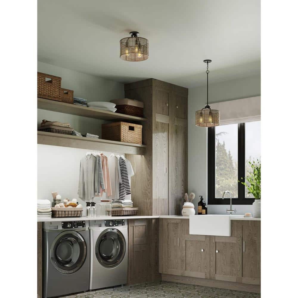 Matte Black and Rattan 3-Light Semi-Flush Mount Ceiling Light