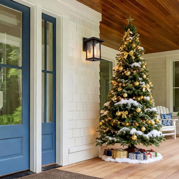 Matte Black Outdoor Wall Lantern Sconce with Textured Glass Shade Modern 1-Light Porch Patio Garden Wall Mounted Light