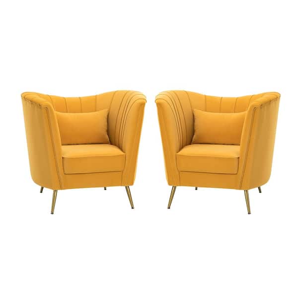 ARTFUL LIVING DESIGN Gil Barrel Mustard Velvet Accent Chair with Metal Legs（Set of 2）