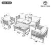 Size chart showing dimensions of the patio conversation set pieces.