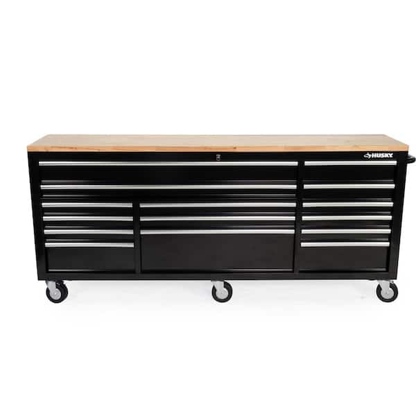 Husky 84 in. W 18 in. D 15-Drawer Mobile Workbench with Wood Top in Gloss Black