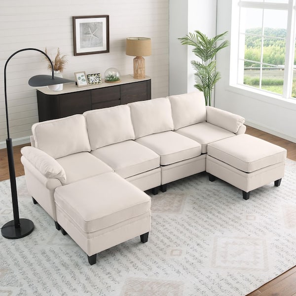 Wren Modern 102.3 in. Pillow Top Arms 6-Piece Linen Blend Modular Storage Sectional Sofa with Storage Ottomans in. Beige