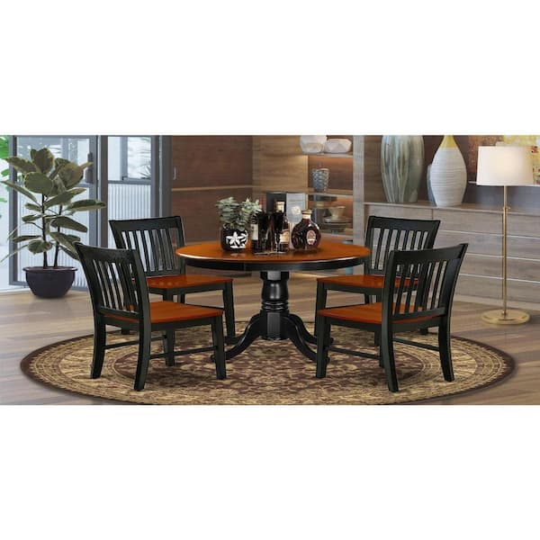 East West Furniture 5-Piece Round Black & Cherry Finish Solid Wood Top Dining table with 4-Chairs with Lattice Back