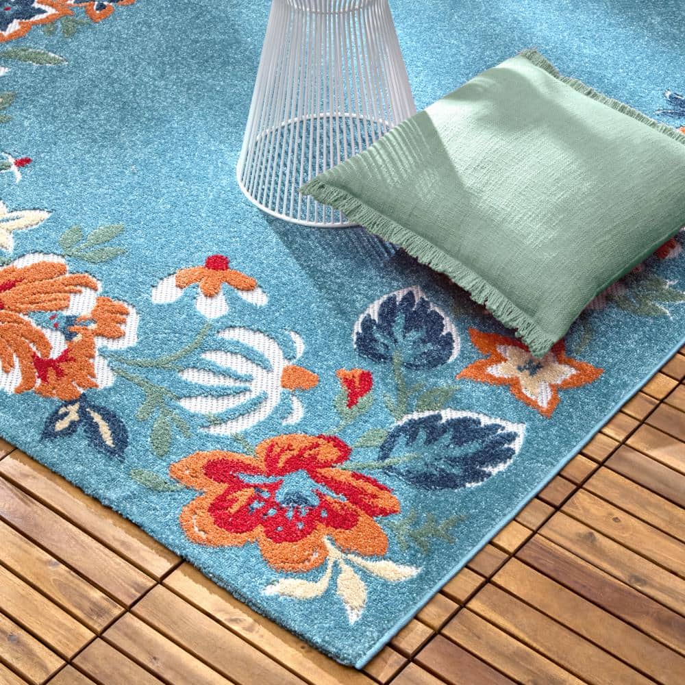 Hibiscus Bloom Light Blue Red Floral Indoor Outdoor Rug