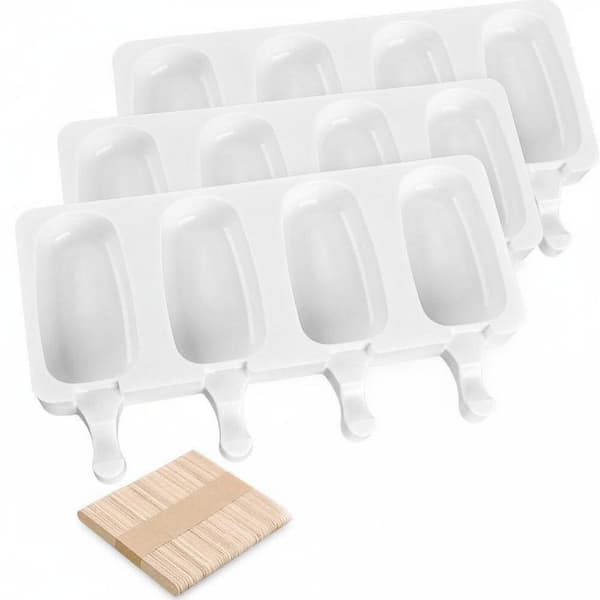Large Silicone Popsicle Molds with 4 Oval Cavities, 100 Wooden Sticks for Ice Cream Cakesicles Bake or Freeze 3 Pack