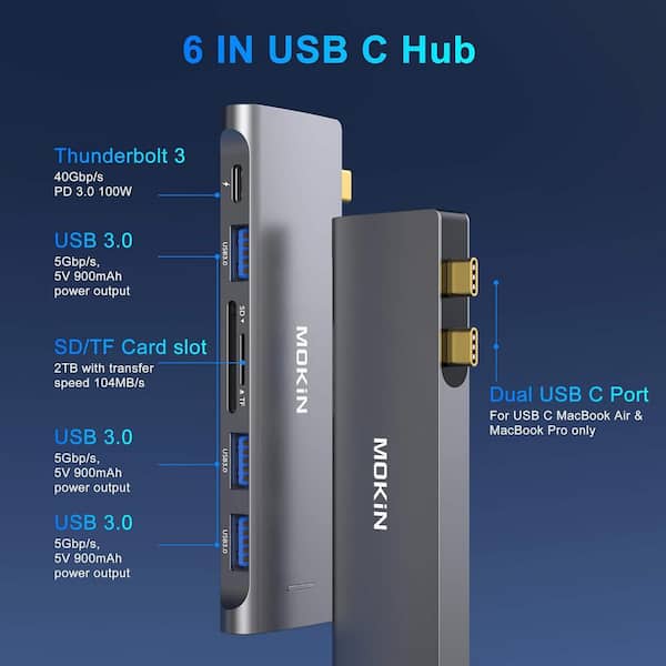  USB C Adapter for MacBook, MOKiN 6 in 1 MacBook Pro Adapter USB  C Hub HDMI Adapter Mac Dongle Multiport Adapter,USB-C to HDMI(4K 60Hz),  SD/TF and 3 USB Port : Electronics