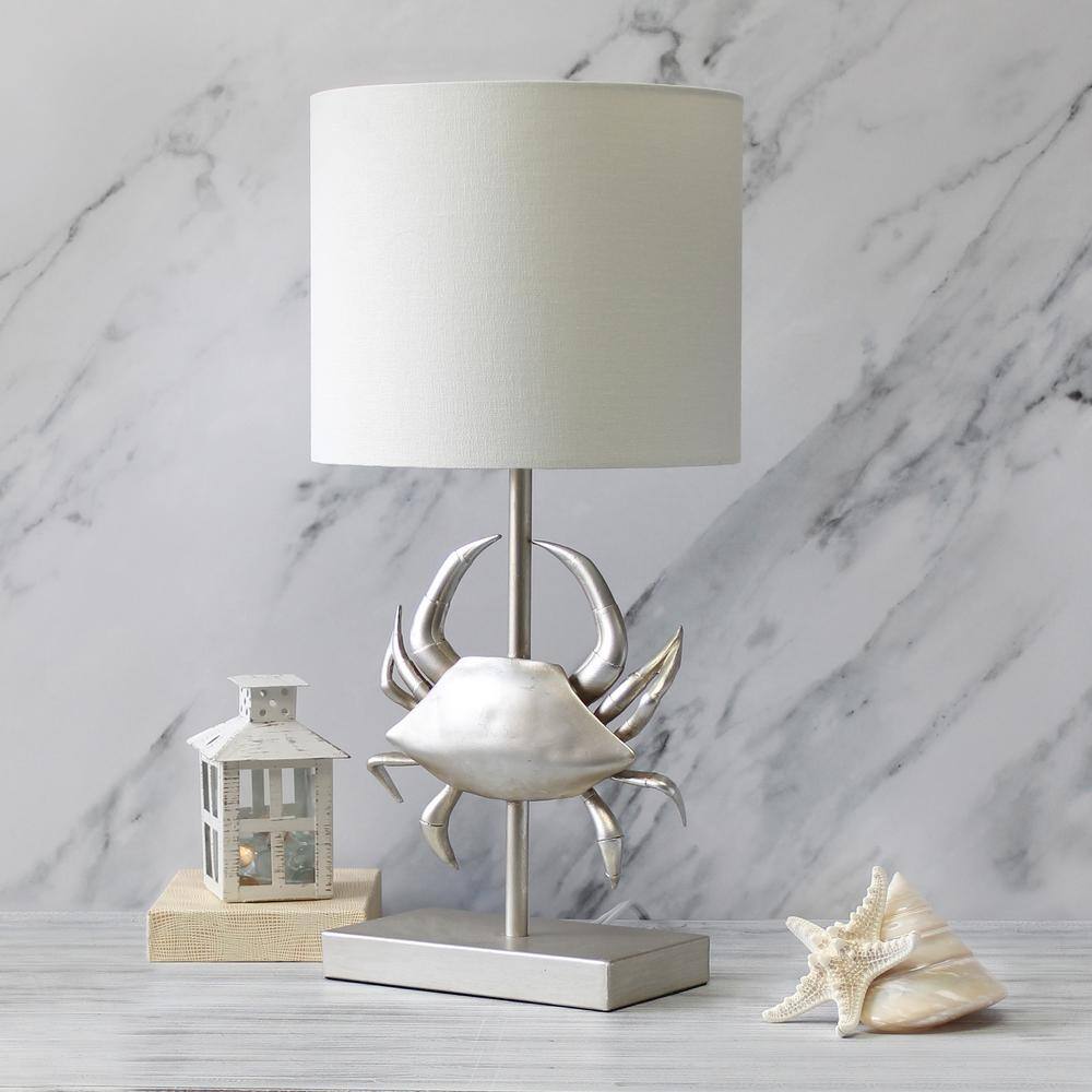 18.25" Coastal Brushed Nickel Crab Table Lamp with White Shade