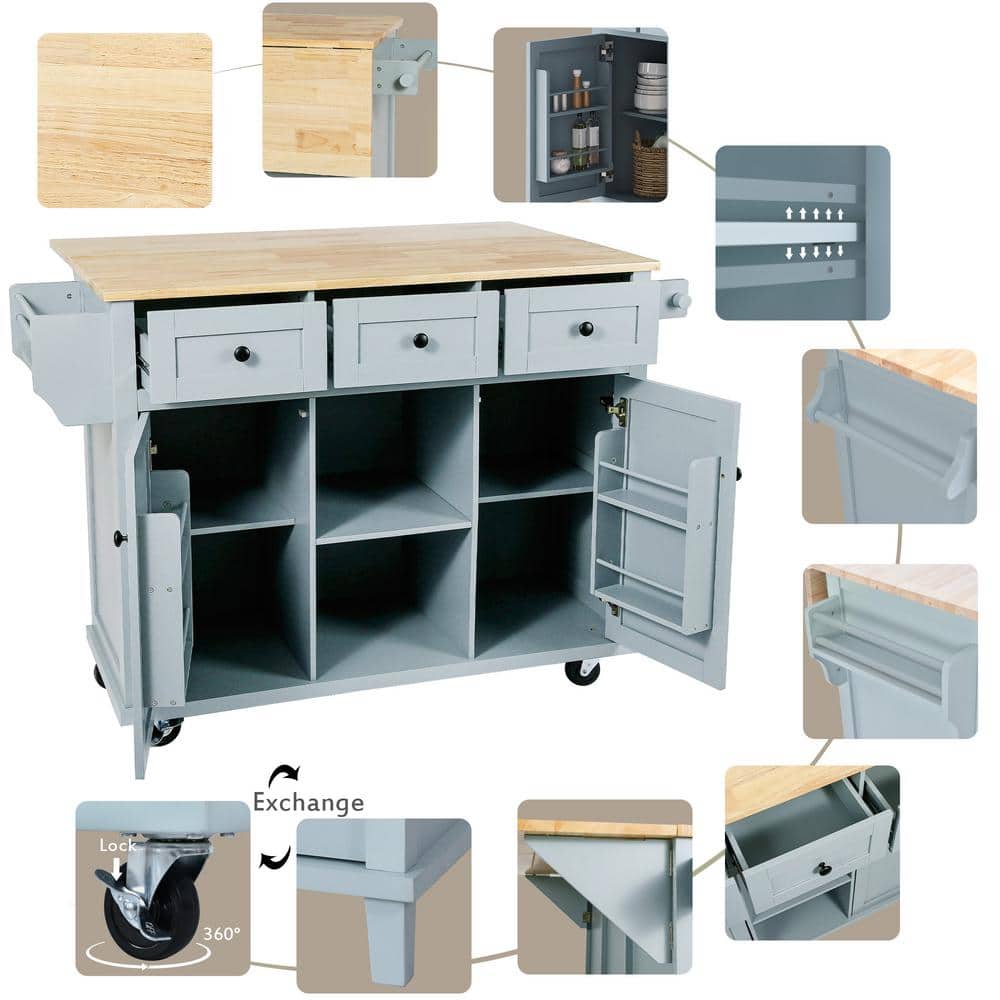 Blue Rubber Wood Kitchen Island with Drop-Leaf Countertop and Storage