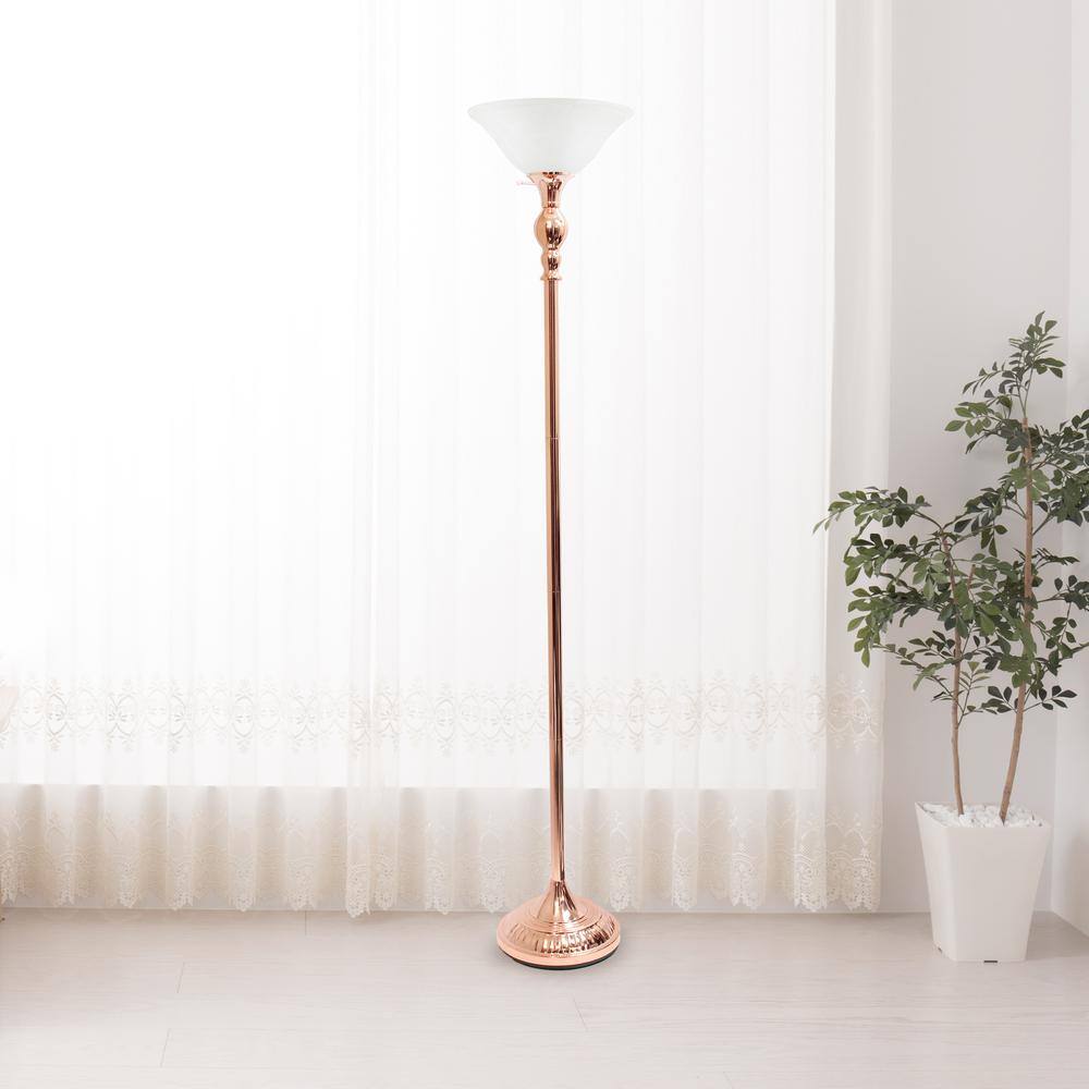 Elegant Rose Gold Torchiere Floor Lamp with Marbleized White Glass