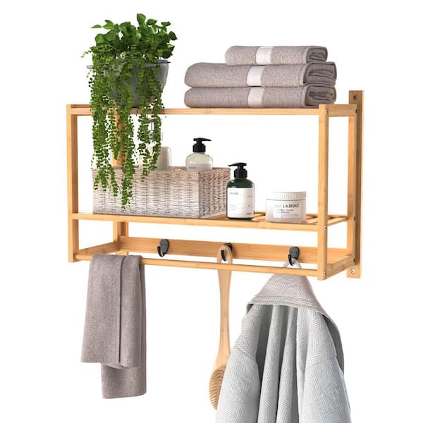 Flash Furniture 24 in. Daly Wall Mounted Solid Pine Wood with Upper Shelf & 5 Hooks for Entryway Kitchen & Bathroom Storage Rack Bamboo