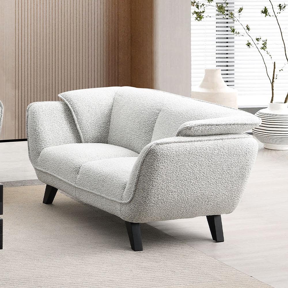Light Gray Boucle Fabric and Wood Loveseat with Flared Arms