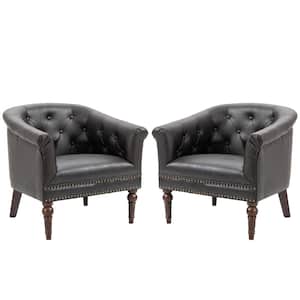 Mid-Century Coffee PU Leather Button Upholstered Accent Chair with Solid Wood Legs(Set of 2)