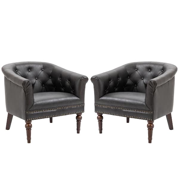 Uixe Mid-Century Coffee PU Leather Button Upholstered Accent Chair with Solid Wood Legs(Set of 2)