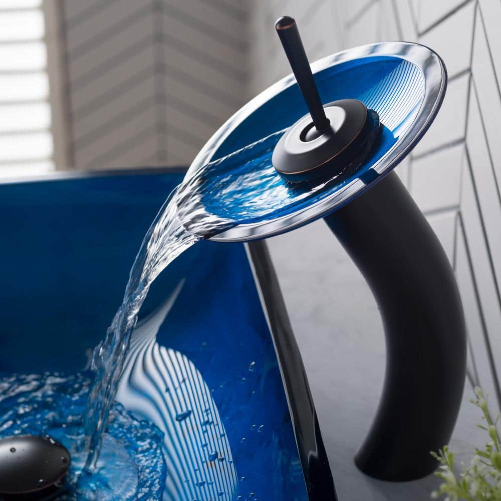 Fire Blue Rectangular Glass Vessel Sink with Waterfall Faucet