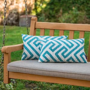 Outdoor Dark Teal and White Greek Key Pattern Rectangular Bolster Pillow with Water Resistant Fabric(2-Pack)