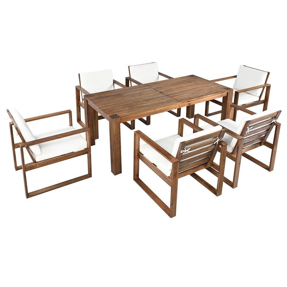7-Piece Mocha Wood Outdoor Dining Set with Umbrella Hole and Removable Beig