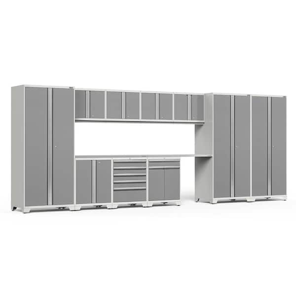 NewAge Products Pro Series 220 in. W x 84.75 in. H x 24 in. D 18-Gauge Welded Steel Garage Cabinet Set in Platinum (12-Piece)