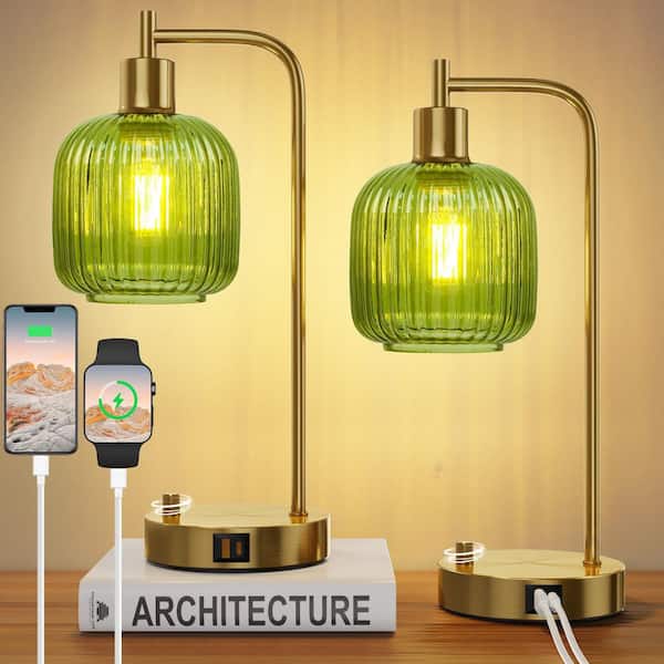 16.92 in. Green Glass Table Lamps Set of 2, Industrial Vintage Lamps with Usb A and C Ports for Bedroom