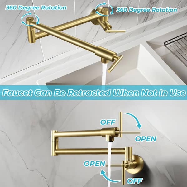 Restaurant Wall Mount Pot Filler Faucet Double Handle in Brushed Gold