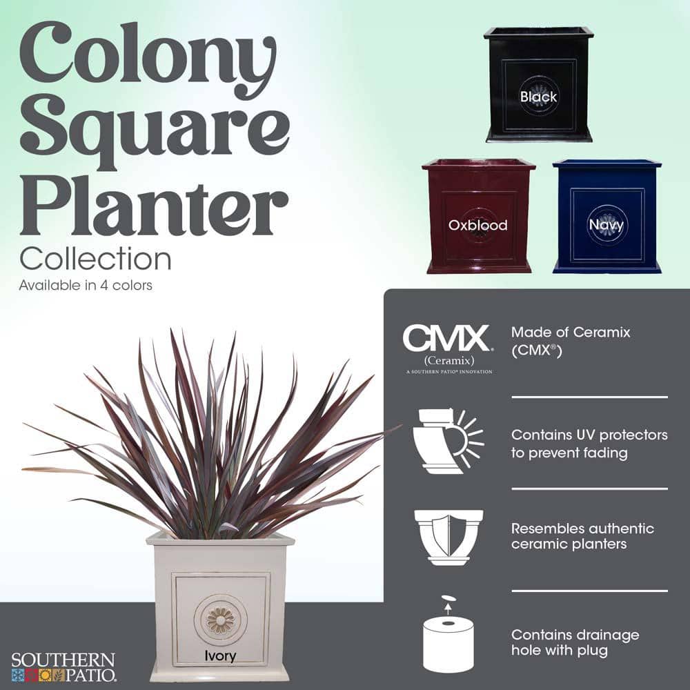 Glossy Black Square Resin Planter with Floral Medallions, 16"