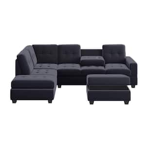 112 in. 3-piece Velvet L-Shaped Sectional Sofa in Black, Couch Set with Storage Ottoman and 2 Cup Holders