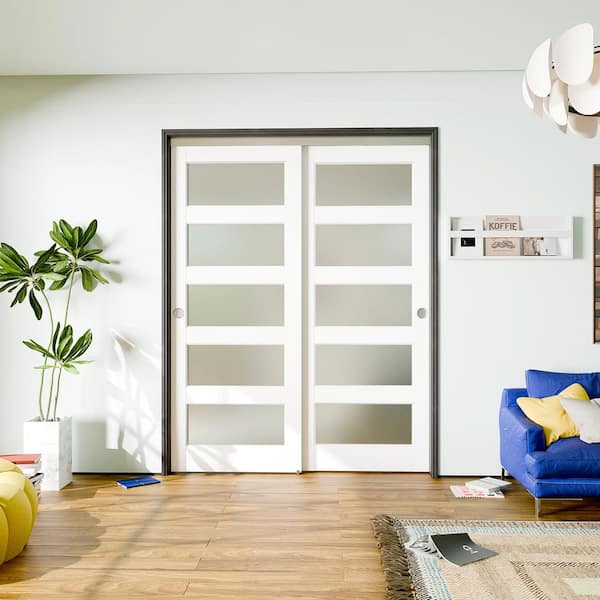 64 in. x 80 in. (Double 32 in.) White, Finished, MDF Wood, 5-Lite, Frosted Glass Interior Door Slab with Bypass Hardware