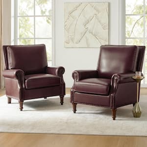 Rosal Burgundy 33 in. W Genuine Leather Accent Chair with Spindle Legs (Set of 2)