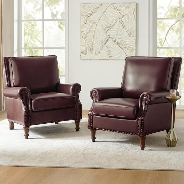 JAYDEN CREATION Rosal Burgundy 33 in. W Genuine Leather Accent Chair with Spindle Legs (Set of 2)