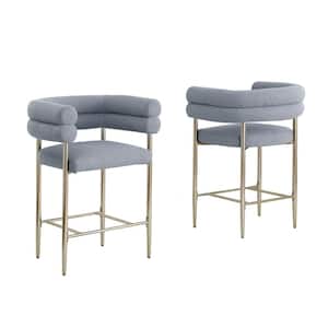 Zuria 24 in. Grey Low Back Wood Frame Counter Stool With Gold Chrome Iron Legs Teddy Fur Upholstery Set of 2