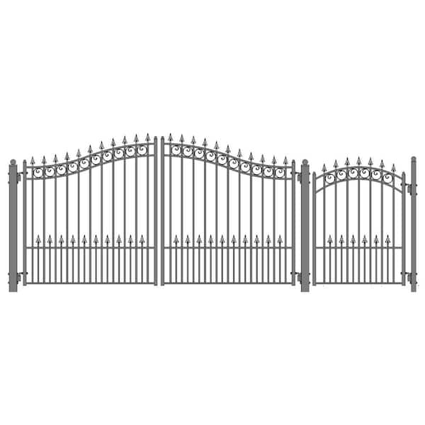 ALEKO Prague Style 14 ft. x 6 ft. with Pedestrian Gate Black Steel Swing Dual Driveway Fence Gate