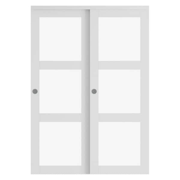 64 in. x 78.58 in. 3-Lites Frosted Glass MDF Closet Sliding Door with Hardware Kit