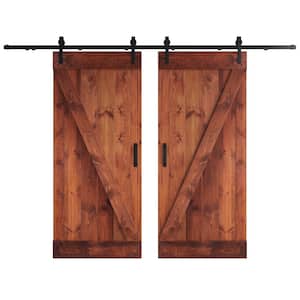 Z Series 72 in. x 84 in. Red Walnut DIY Knotty Wood Double Sliding Barn Door with Hardware Kit