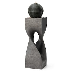 40.5 in. H Outdoor Oversized Modern Geometric Pedestal and Sphere Polyresin Water Floor Fountain with LED Light