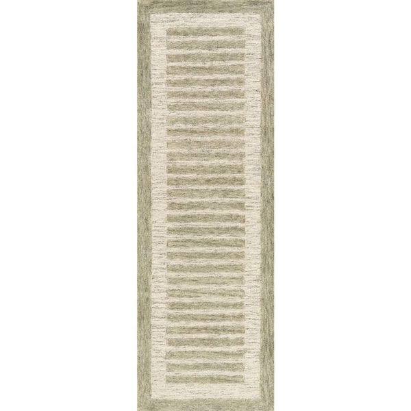 Carmeon Hamilton x Rugs Caly Modern Bordered Wool Sage Green 3 ft. x 8 ft. Indoor Runner Rug
