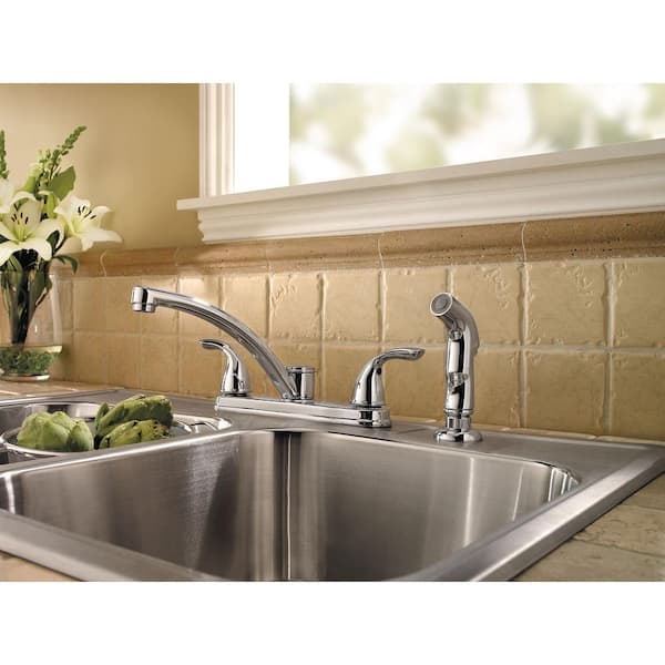 Delton 2-Handle Standard Kitchen Faucet with Side Sprayer in Polished Chrome