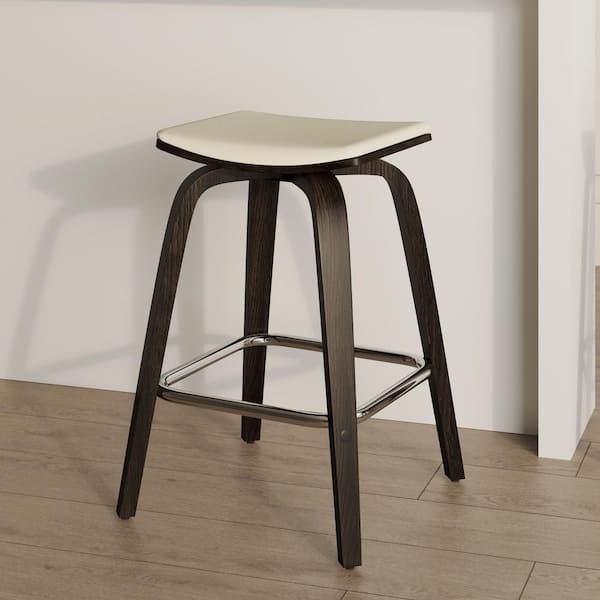 25 in. Counter Height Stool in Leather with Poplar Wood Legs 360 sq. Swivel Seat in Dark Walnut/Taupe