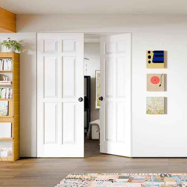 60 in. x 80 in. MDF, Composite, Pre-Assembled, Primed, White, 6-Panel Interior Door Slab With Black Goal Doorknob